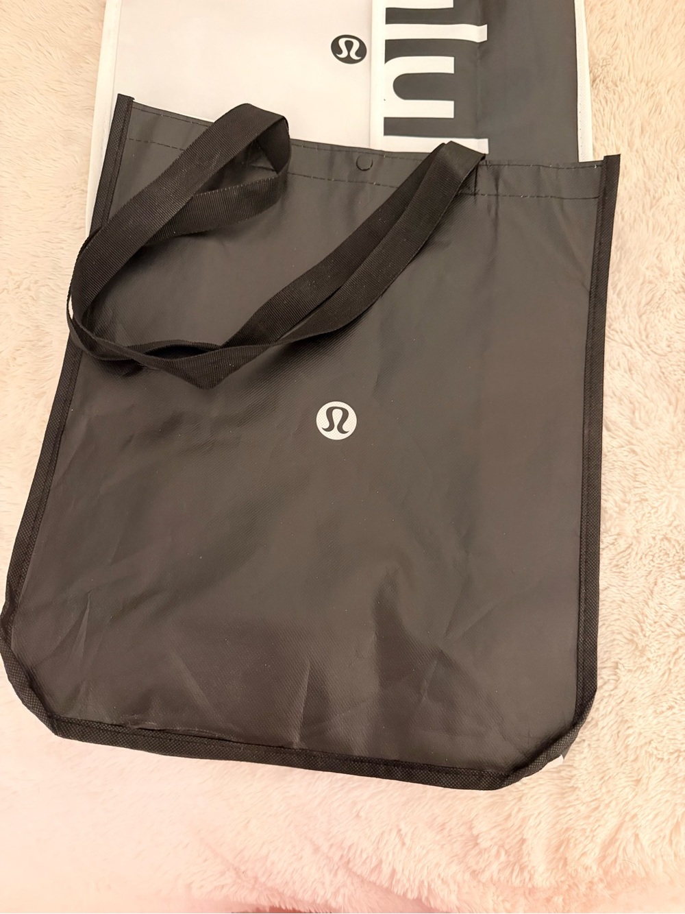 Lululemon Large Reusable Shopping Tote Nylon Handle,Snap Closed,Black/White Logo